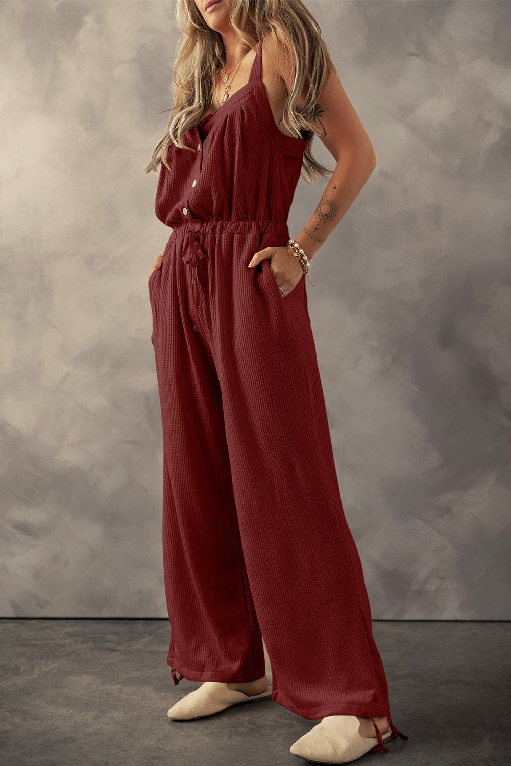 Red Dahlia Knotted Straps Button Textured Drawstring Jumpsuit Pre Order Bottoms JT's Designer Fashion