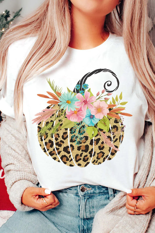 White Floral Leopard Pumpkin Graphic Halloween T Shirt Graphic Tees JT's Designer Fashion