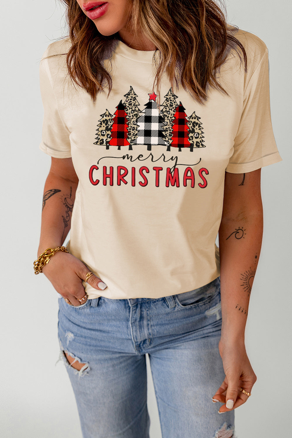 Khaki Plaid Leopard Merry Christmas Tree Graphic Tee Graphic Tees JT's Designer Fashion