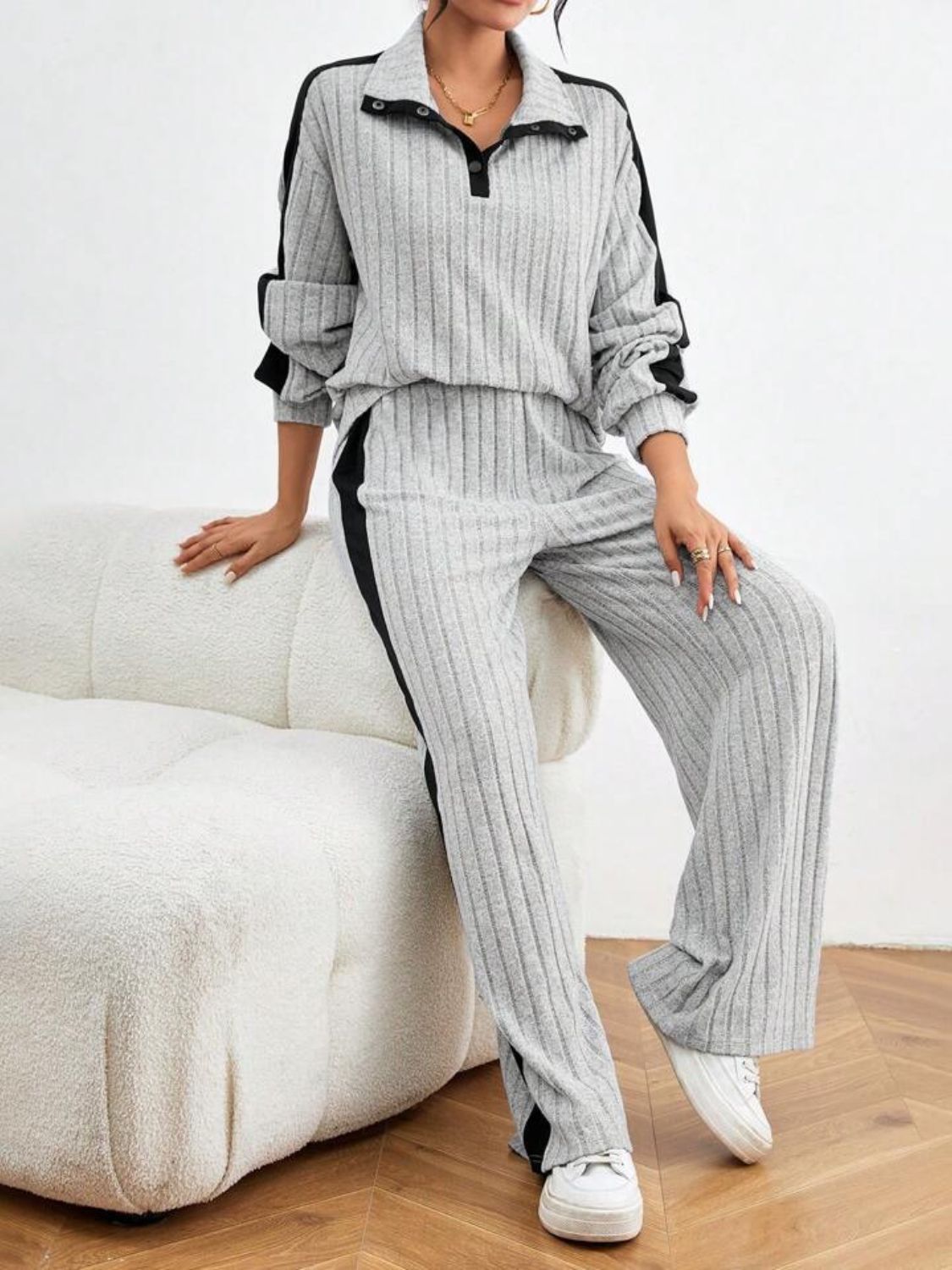 Contrast Collared Neck Long Sleeve Top and Pants Set Pant Sets JT's Designer Fashion