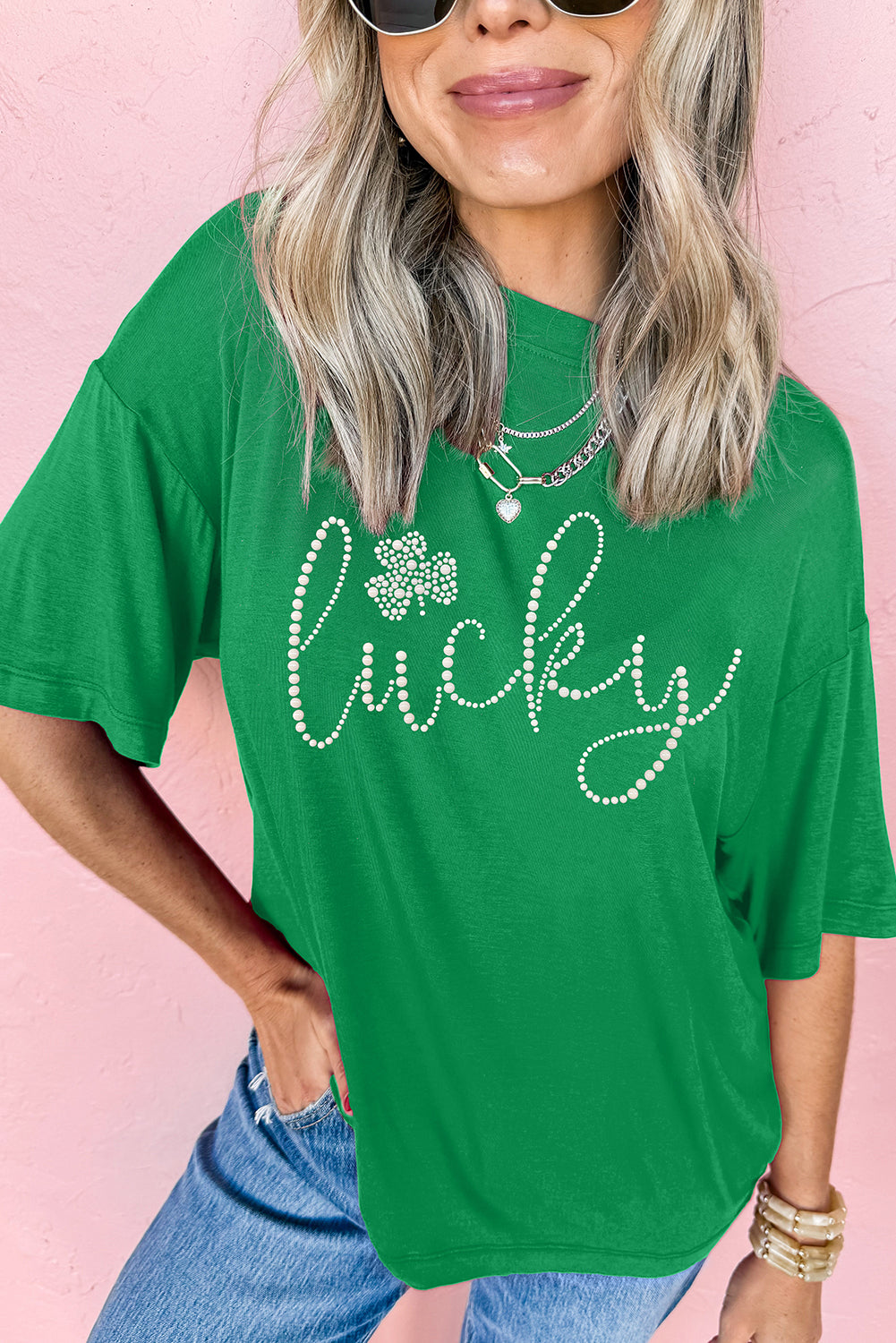 Bright Green Ceramic Rhinestone Lucky Clover Graphic Tee Graphic Tees JT's Designer Fashion