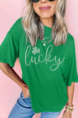 Bright Green Ceramic Rhinestone Lucky Clover Graphic Tee Graphic Tees JT's Designer Fashion