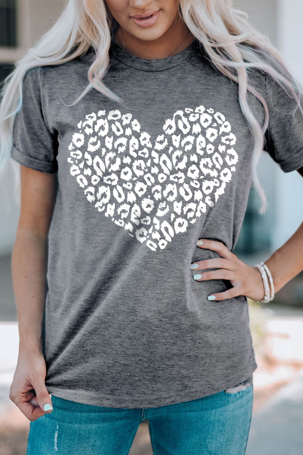 Gray Leopard Kiss Print Valentines Heart Graphic Tee Graphic Tees JT's Designer Fashion