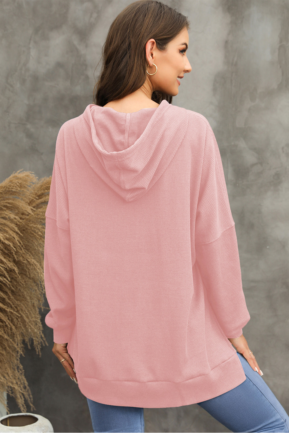 Light Pink Waffle Knit Fleece Lined High Low Oversized Hoodie Sweatshirts & Hoodies JT's Designer Fashion