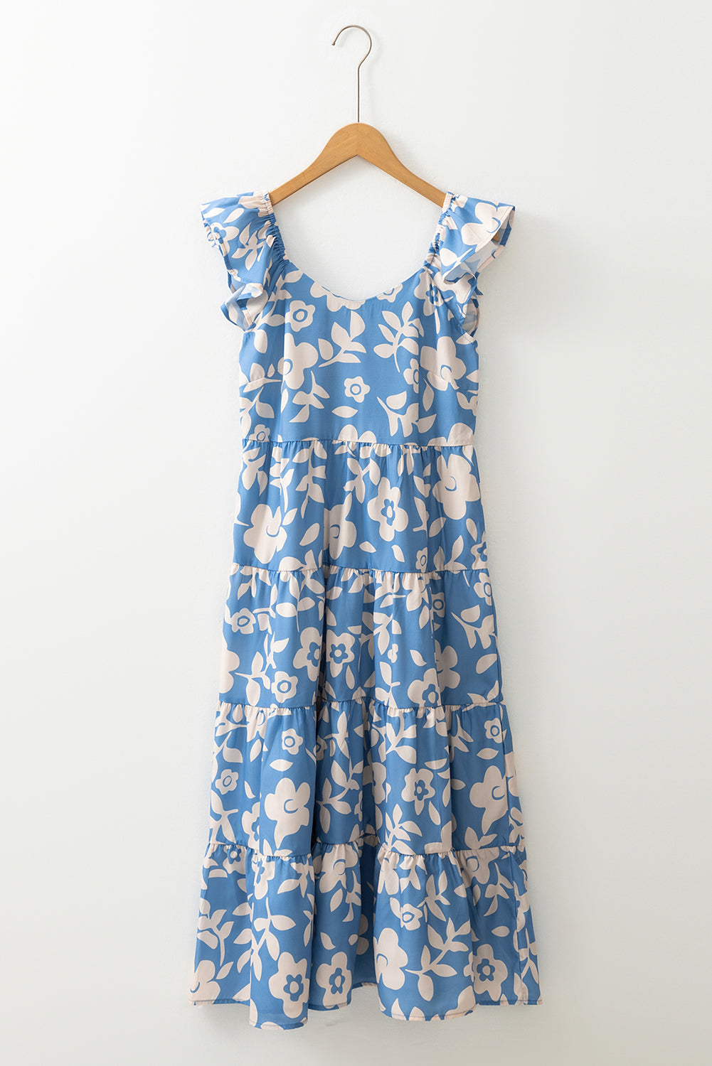 Sky Blue Floral U Neck Flutter Shoulder Tiered Flowy Midi Dress Floral Dresses JT's Designer Fashion