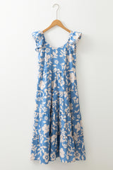 Sky Blue Floral U Neck Flutter Shoulder Tiered Flowy Midi Dress Floral Dresses JT's Designer Fashion