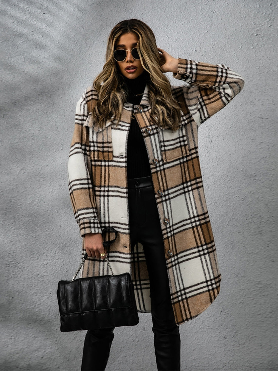 Plaid Collared Neck Long Sleeve Coat Coats & Jackets JT's Designer Fashion