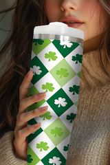 Green Clover Checkered Print Straw Large Tumbler 40oz Tumblers JT's Designer Fashion