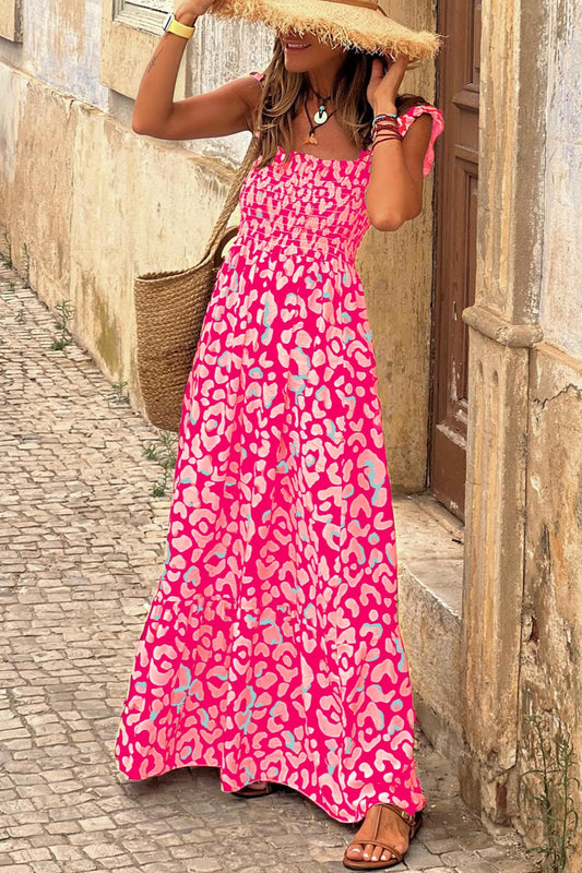 Ruffled Printed Wide Strap Dress Hot Pink Maxi Dresses JT's Designer Fashion