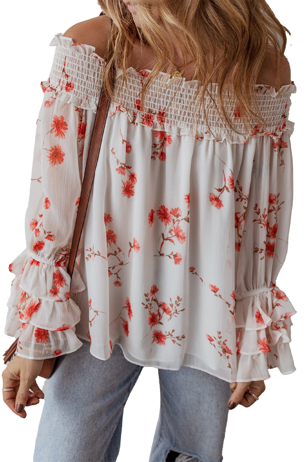 White Floral Print Shirred Off Shoulder Ruffled Sleeve Blouse Blouses & Shirts JT's Designer Fashion