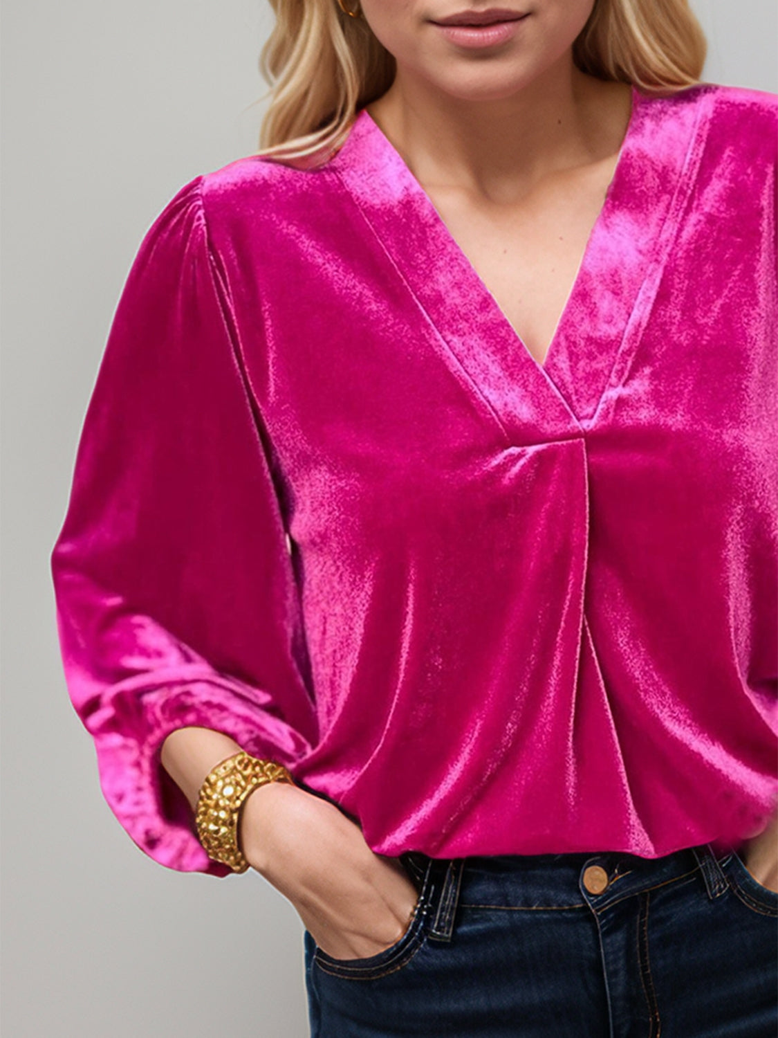 V-Neck Three-Quarter Sleeve Blouse Long Sleeve Tops JT's Designer Fashion