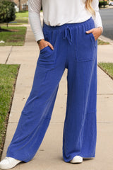 Sky Blue Corded Drawstring High Waist Pocket Plus Size Wide Leg Pants Sky Blue 75%Polyester+20%Viscose+5%Elastane Plus Size Bottoms JT's Designer Fashion