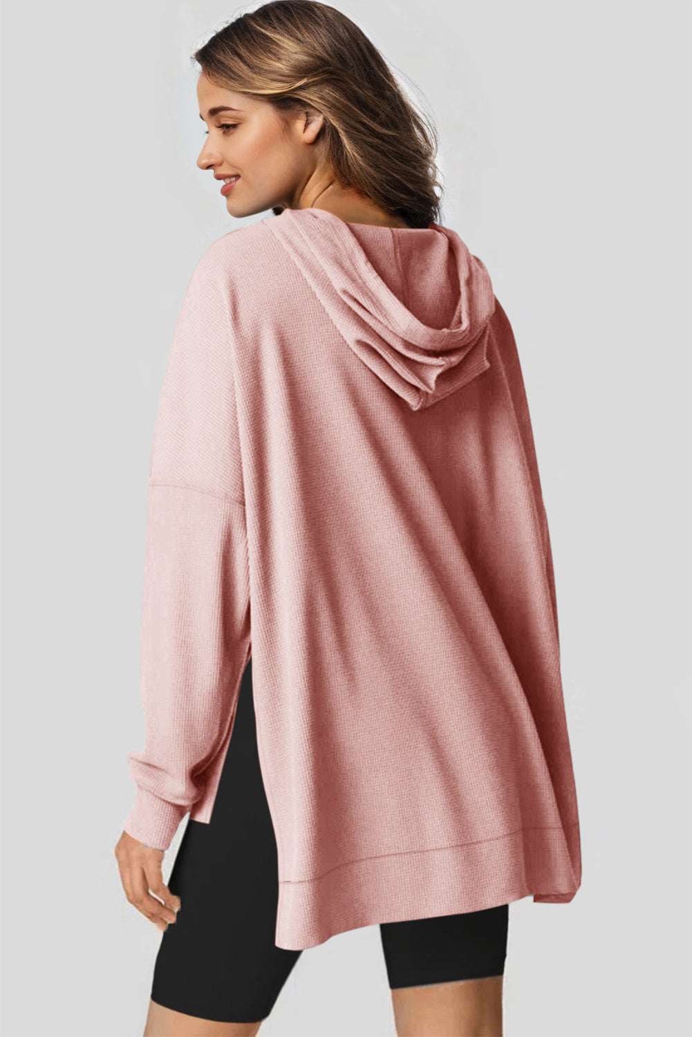 Light Pink Waffle Knit Fleece Lined High Low Oversized Hoodie Sweatshirts & Hoodies JT's Designer Fashion