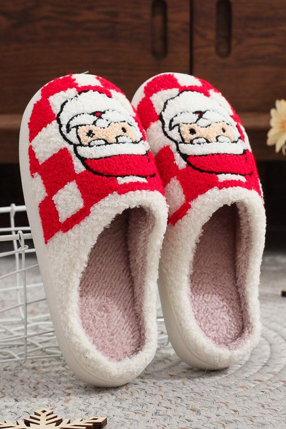 Fiery Red Checkered Santa Claus Graphic Plush Home Slippers Slippers JT's Designer Fashion