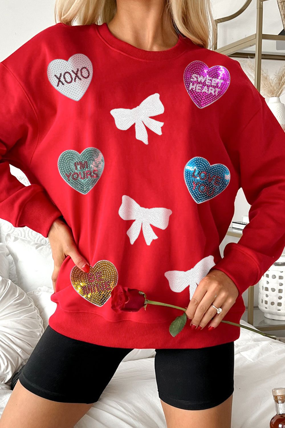 Valentine’s Day Sequin Bow Heart Round Neck Sweatshirt Red Long Sleeve Tops JT's Designer Fashion