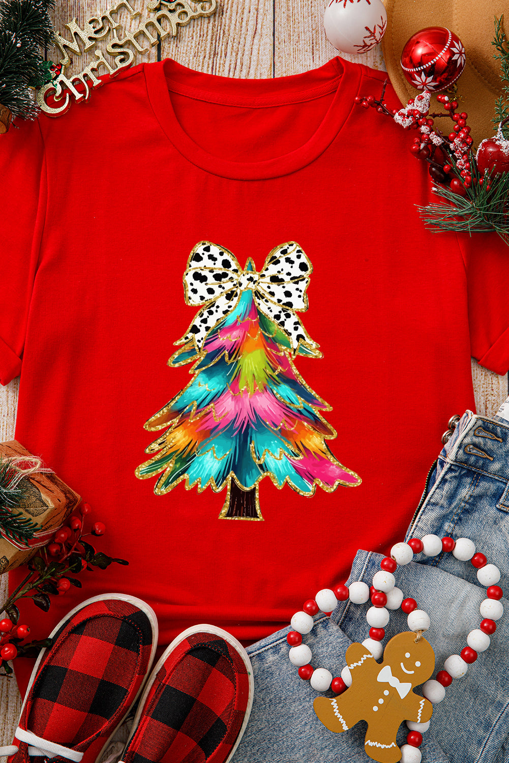 Red Bow Decor Christmas Tree Graphic Holiday T Shirt Graphic Tees JT's Designer Fashion