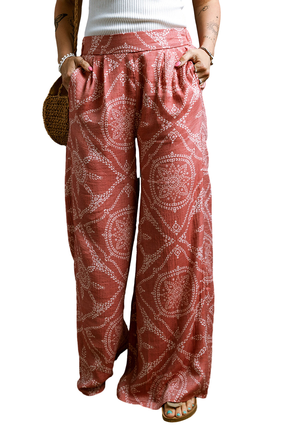 Pink Abstract Geometric Print Wide Leg Casual Pants Bottoms JT's Designer Fashion