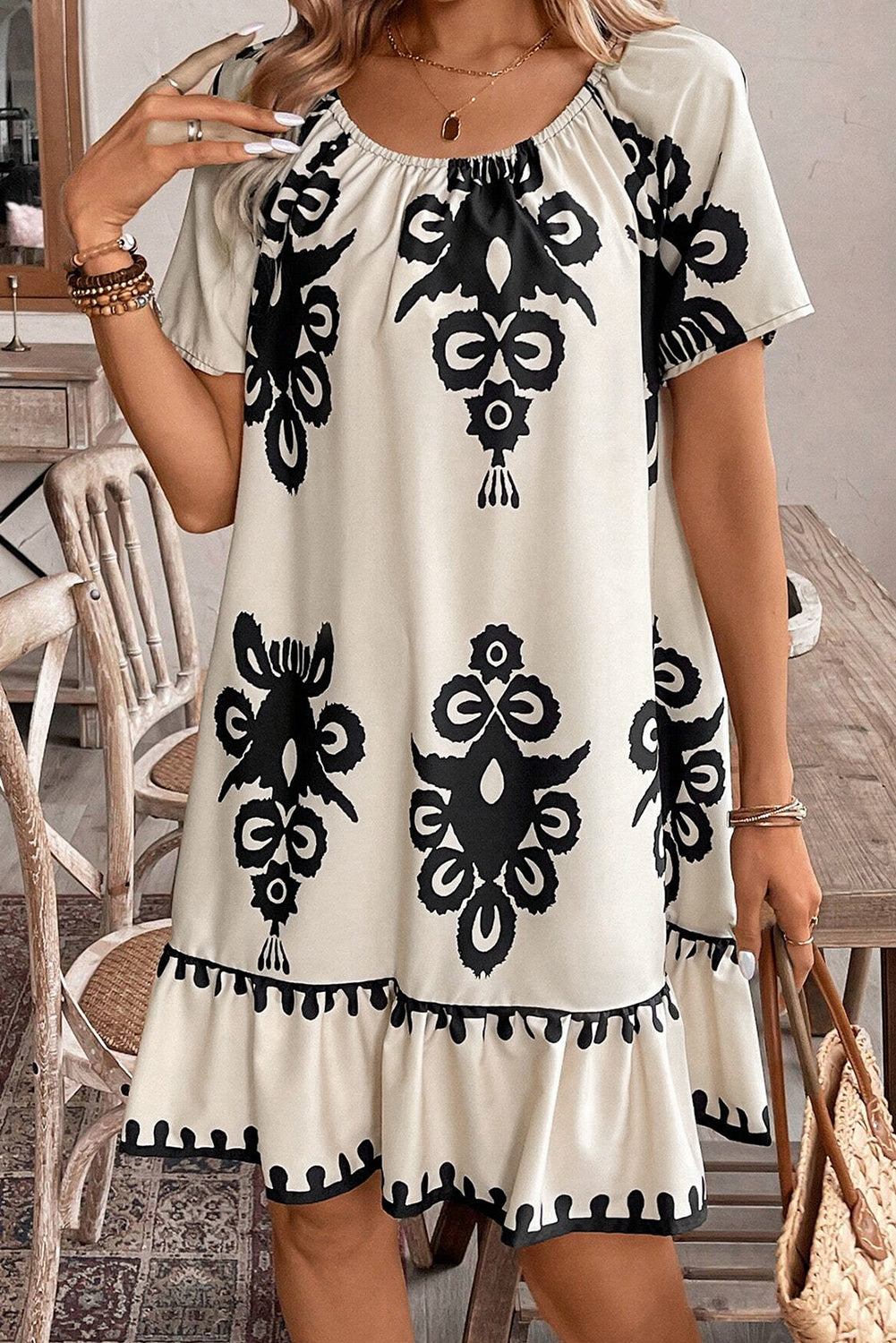 Apricot Western Print Ruffled Short Sleeve Loose Dress Mini Dresses JT's Designer Fashion