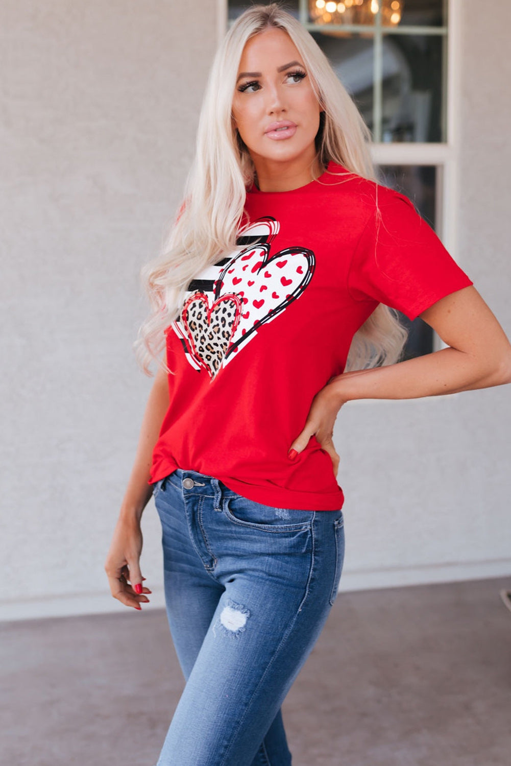 Red Leopard Striped Heart Shaped Print Crew Neck T Shirt Graphic Tees JT's Designer Fashion