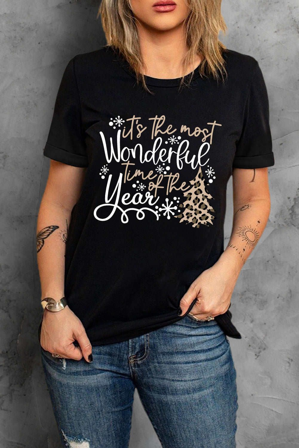 Black Wonderful Christmas Season Leopard Graphic Tee Graphic Tees JT's Designer Fashion