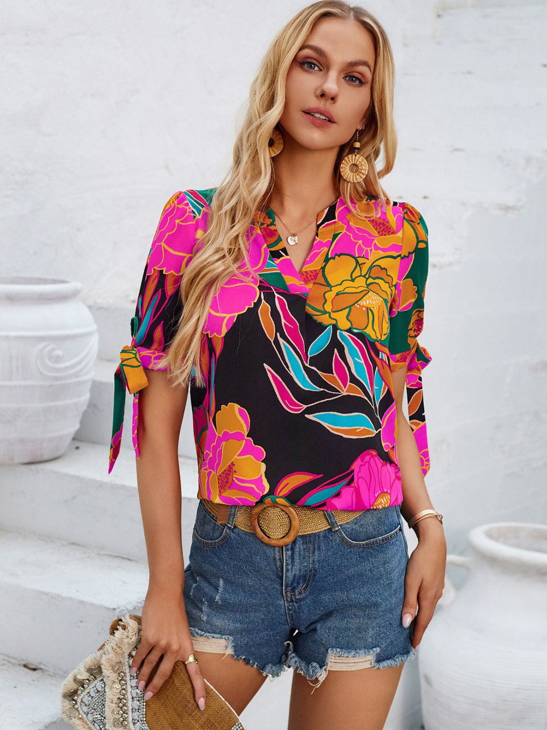 Tied Printed Notched Short Sleeve Blouse Blouses & Shirts JT's Designer Fashion