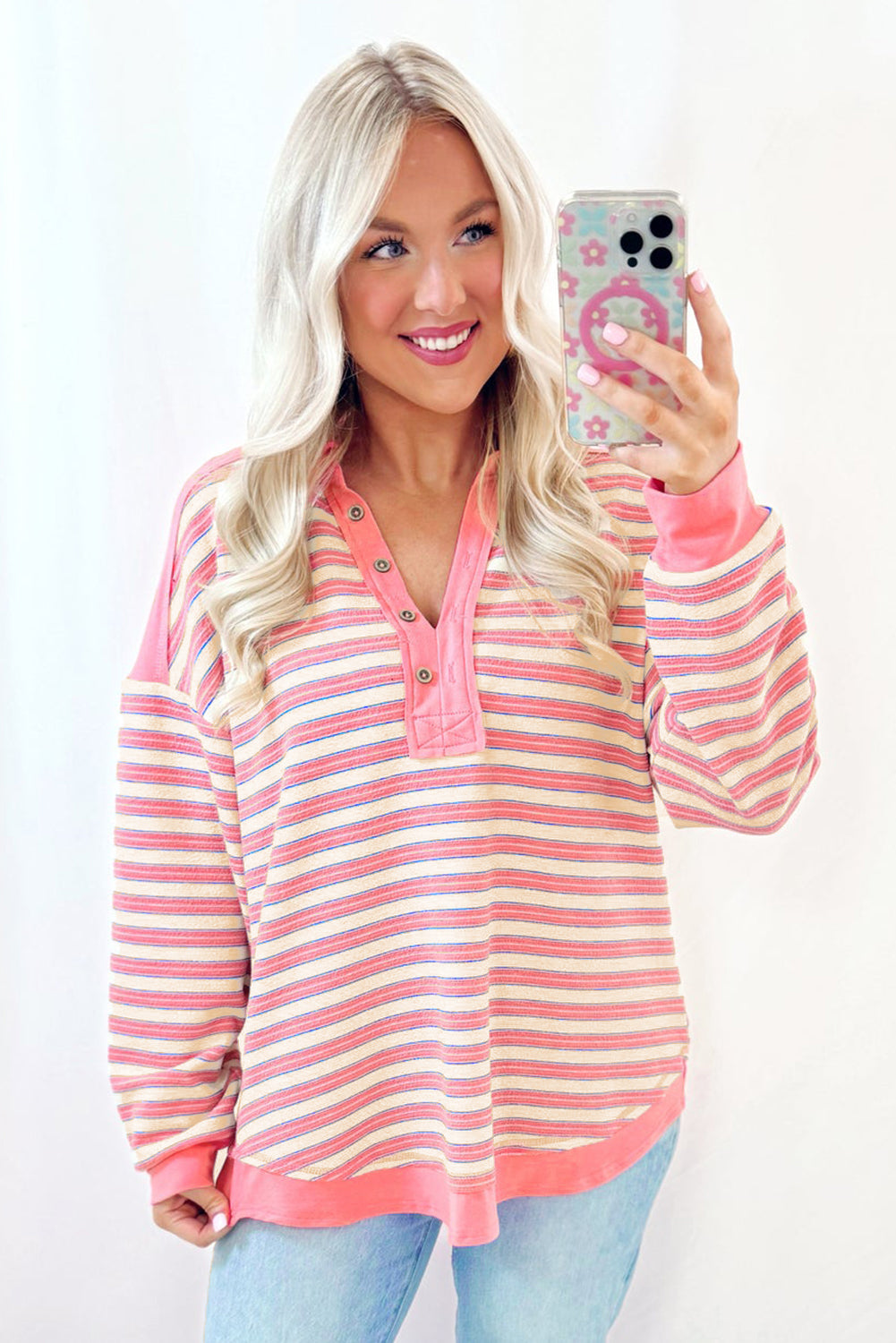 Pink Stripe Buttoned V Neck Collared Drop Shoulder Top Long Sleeve Tops JT's Designer Fashion