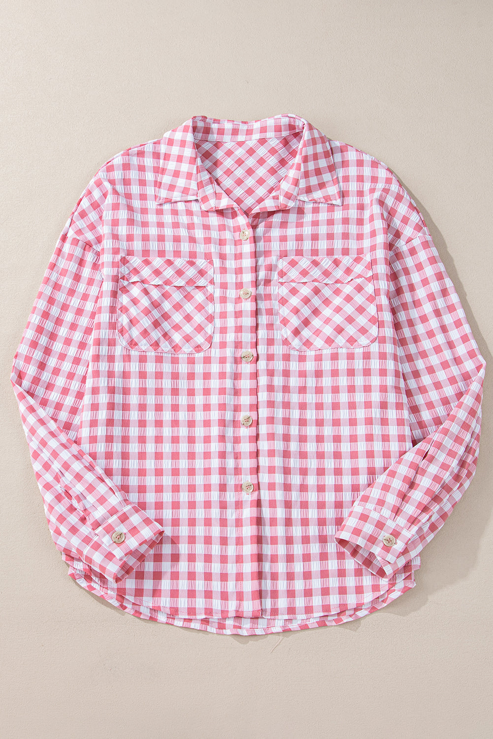 Pink Gingham Print Chest Pockets Buttoned Collared Shirt Blouses & Shirts JT's Designer Fashion