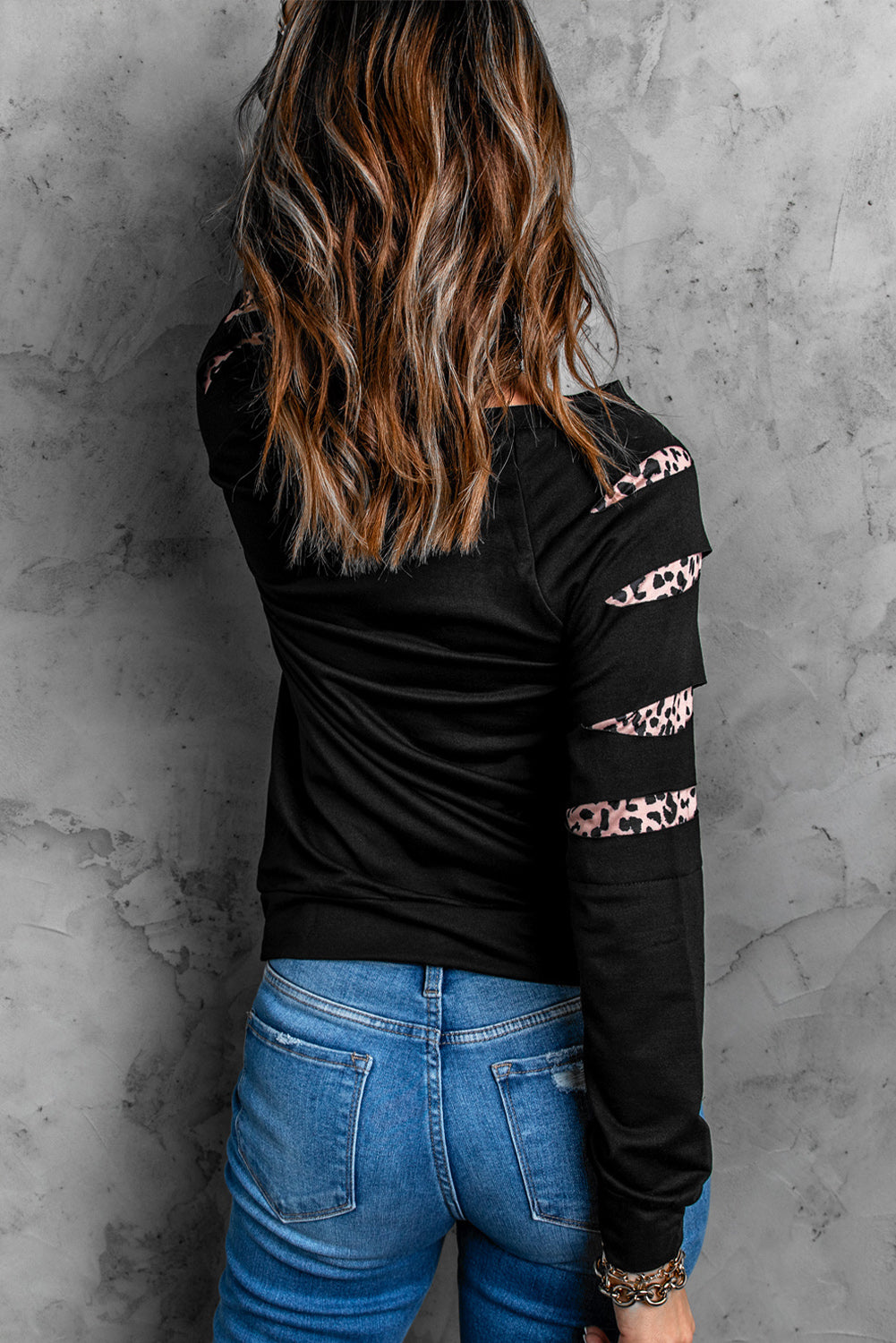 Black Pumpkin Season Graphic Leopard Cutout Sleeve Sweatshirt Graphic Sweatshirts JT's Designer Fashion