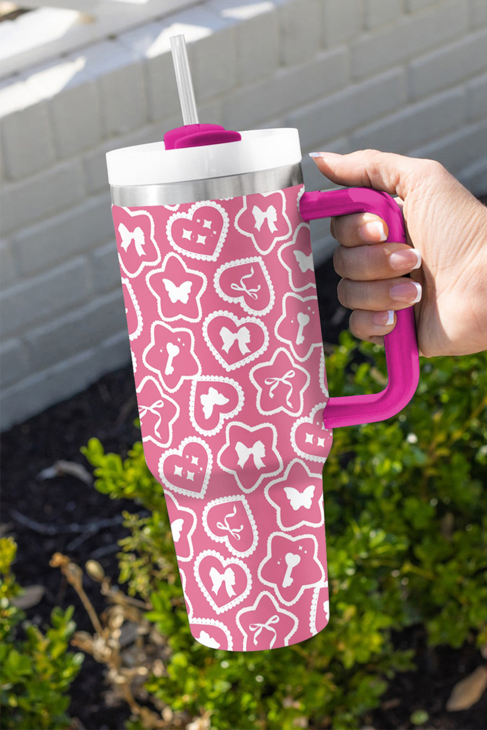 Rose Red Star Heart Shape Printed Thermos Cup with Handle 40oz Tumblers JT's Designer Fashion