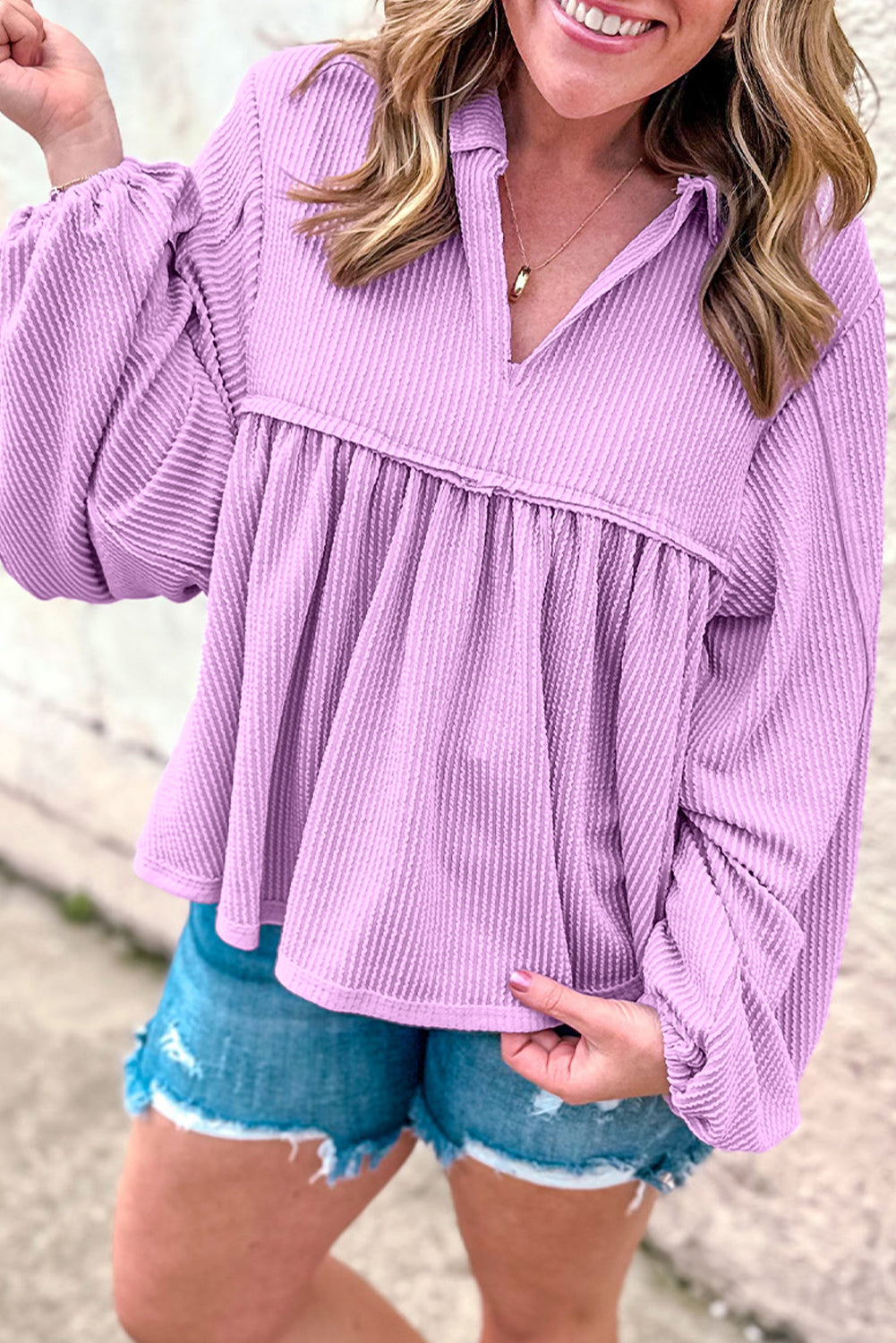 Phalaenopsis Corded Turn-down V Neck Bubble Sleeve Babydoll Blouse Blouses & Shirts JT's Designer Fashion