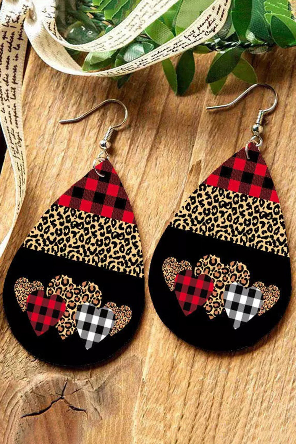 Black Plaid Leopard Print Waterdrop Dangle Earrings Jewelry JT's Designer Fashion