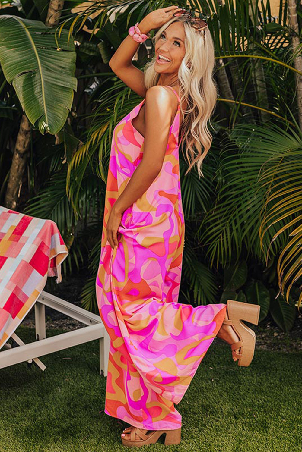 Pink Abstract Print V Neck Slouchy Wide Leg Jumpsuit Dresses JT's Designer Fashion