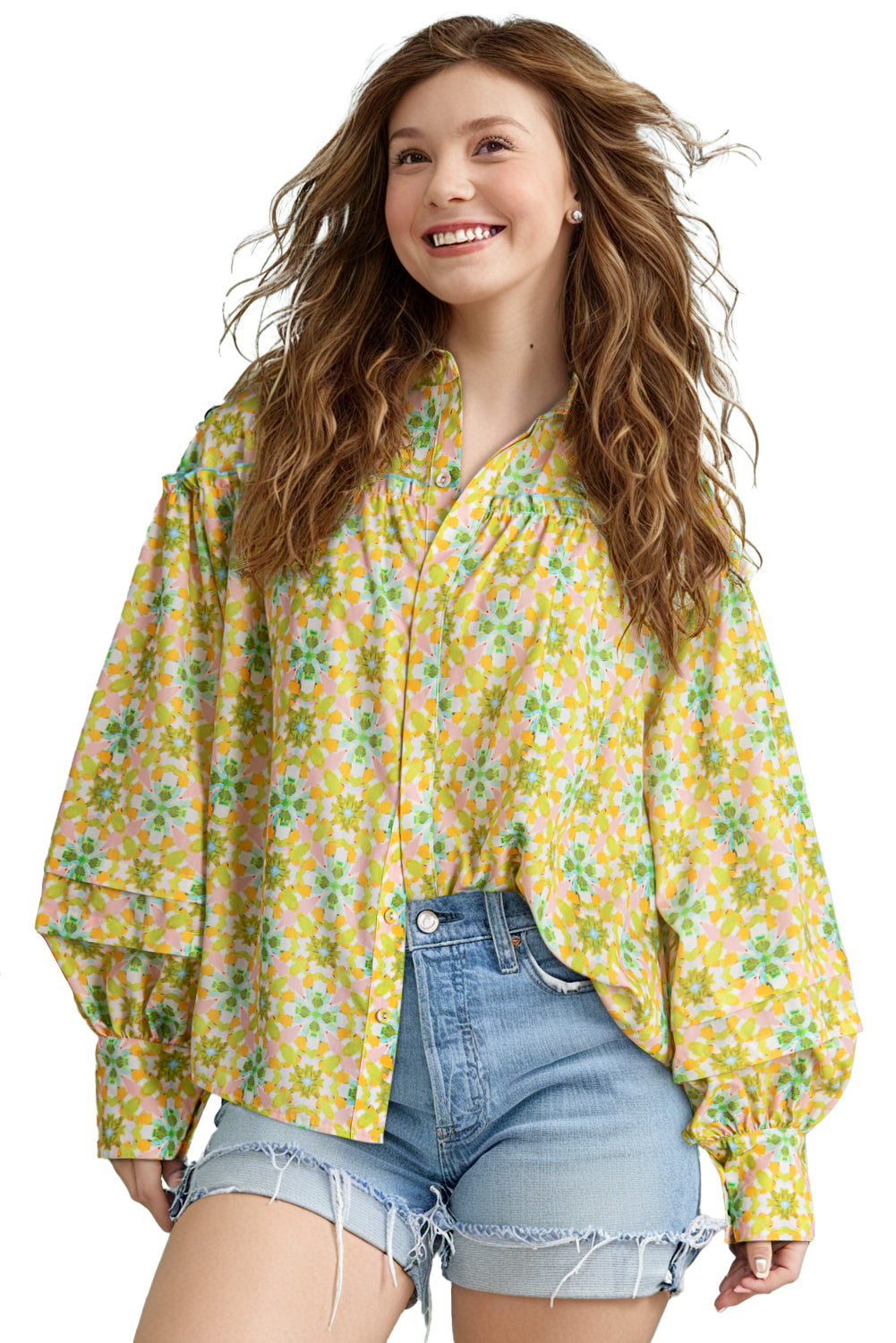 Green Boho Floral Print Frilly Detail Puff Sleeve Shirt Blouses & Shirts JT's Designer Fashion