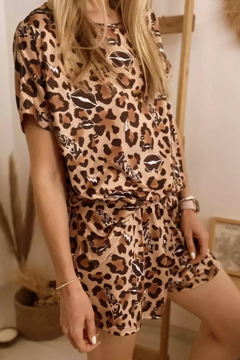 Khaki Leopard Kiss Lip Print Loose Two Piece Lounge Set Loungewear JT's Designer Fashion