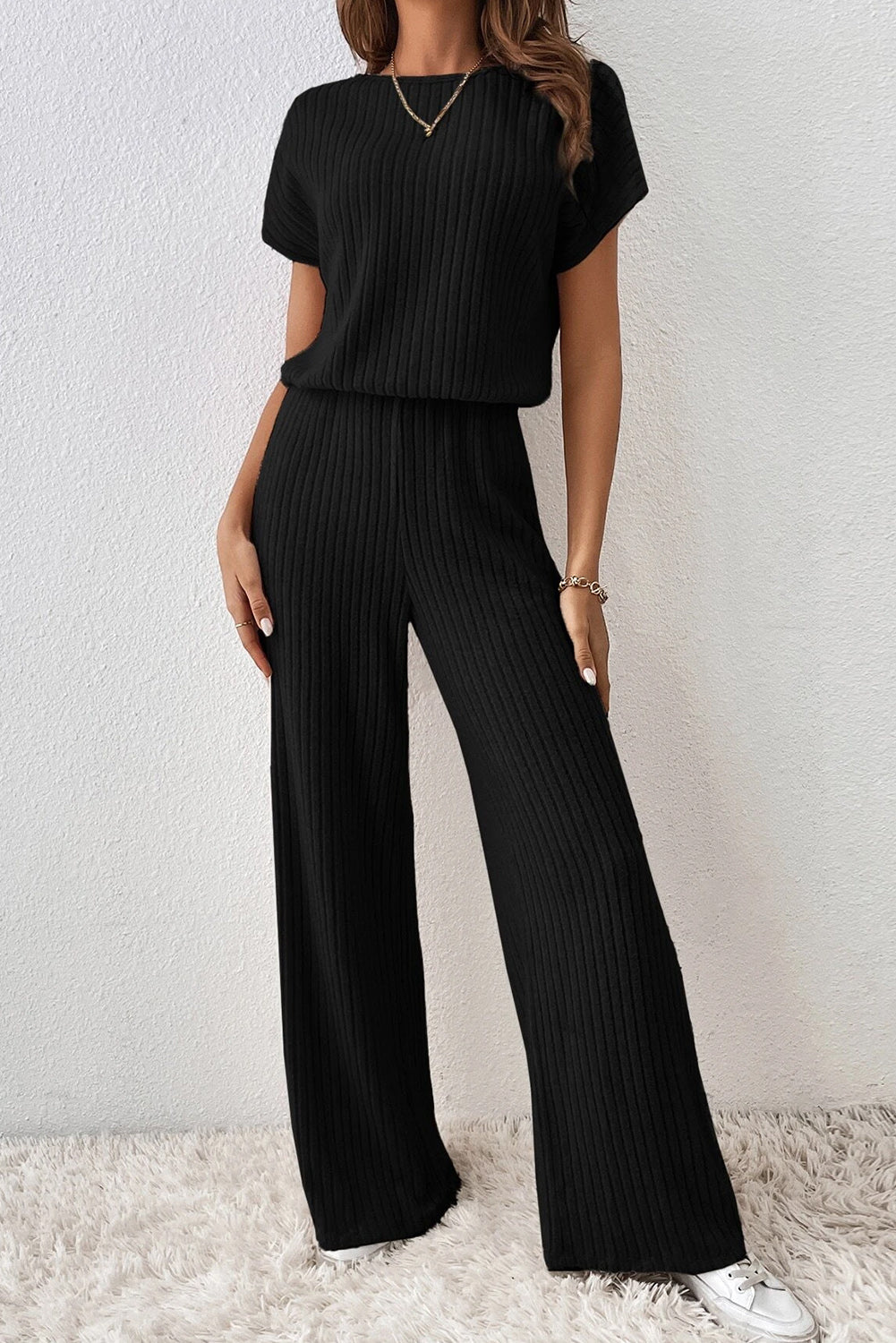 Black Solid Color Ribbed Short Sleeve Wide Leg Jumpsuit Pre Order Bottoms JT's Designer Fashion