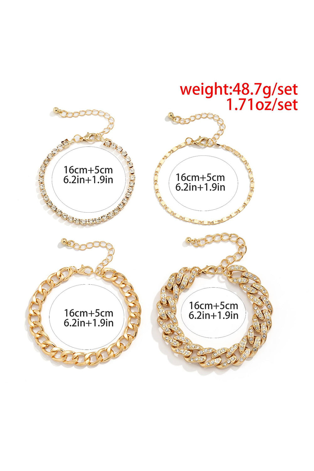 Gold 4pcs Rhinestone Decor Adjustable Chain Bracelet Set Jewelry JT's Designer Fashion