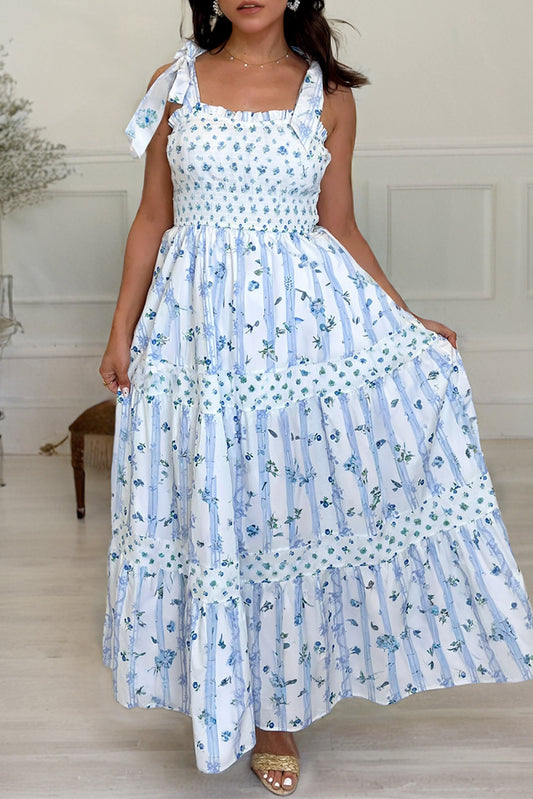 Sky Blue Floral Smocked Tied Straps A-Lined Tiered Maxi Dress Maxi Dresses JT's Designer Fashion