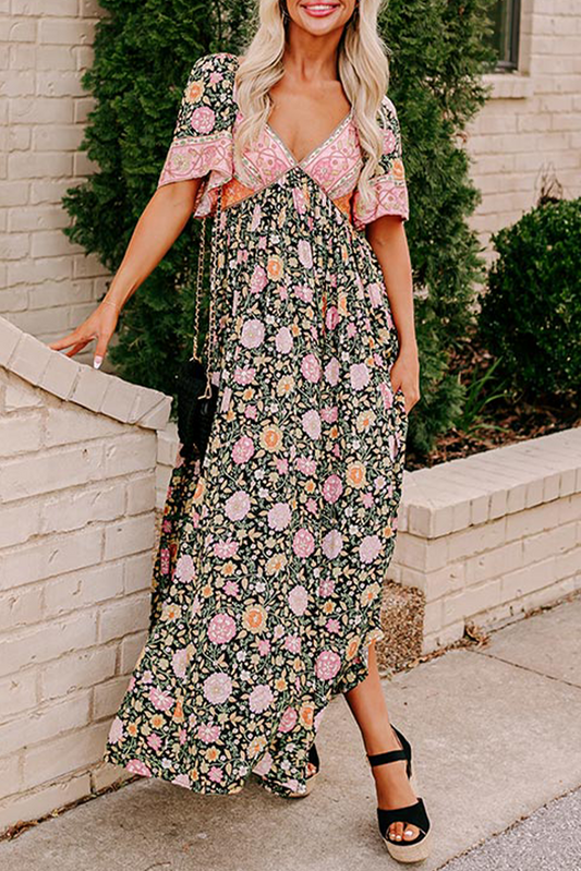 Black Boho Floral Patchwork Sexy V Neck Short Sleeve Maxi Dress Maxi Dresses JT's Designer Fashion