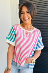 Pink Stripe Mixed Pattern Patchwork Uneven Hem Loose Tee Pre Order Tops JT's Designer Fashion