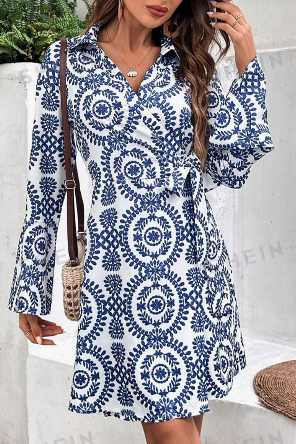 Blue Floral Print V Neck Wrapped Knot Long Sleeve Dress Floral Dresses JT's Designer Fashion