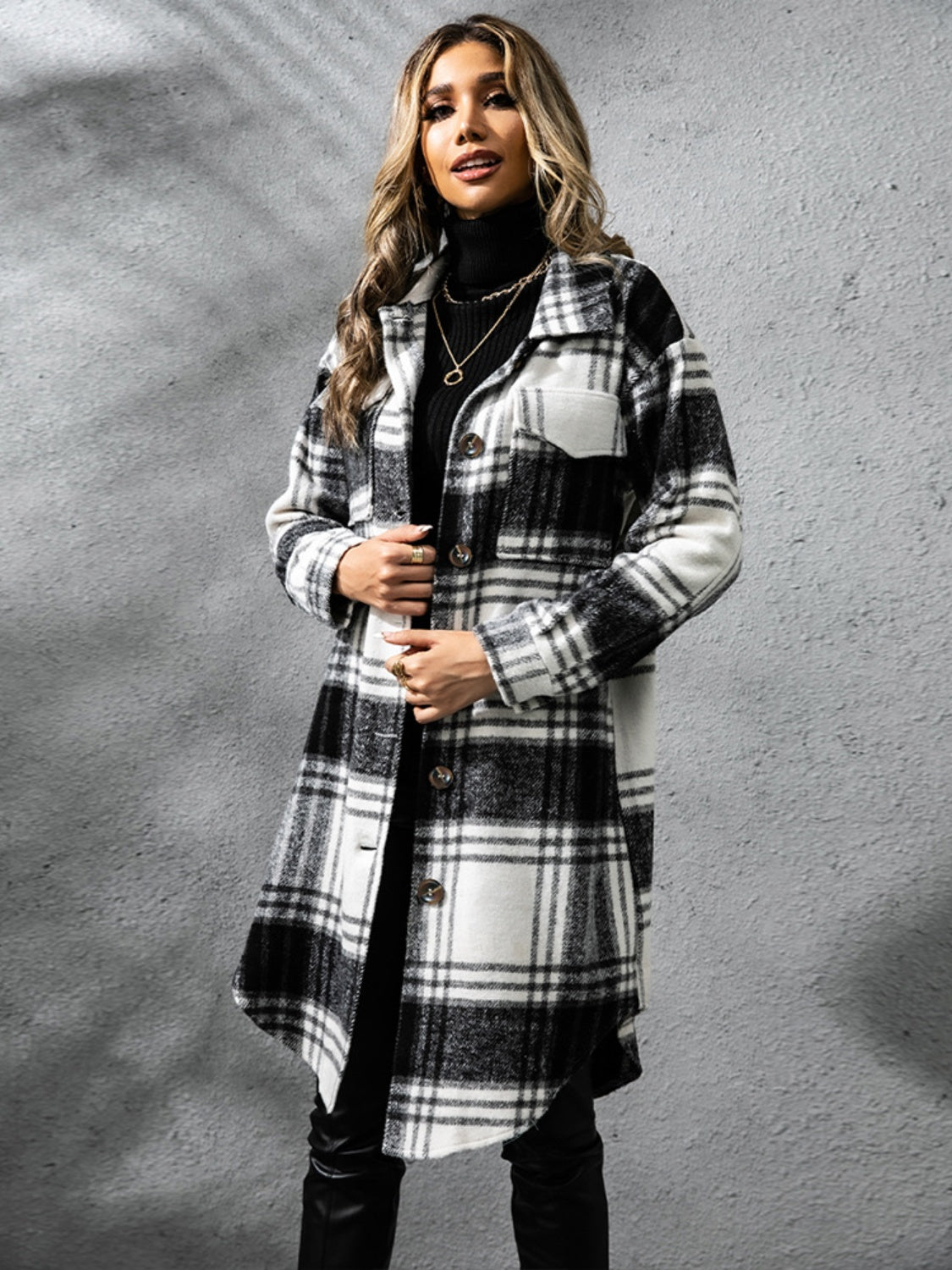 Plaid Collared Neck Long Sleeve Coat Coats & Jackets JT's Designer Fashion