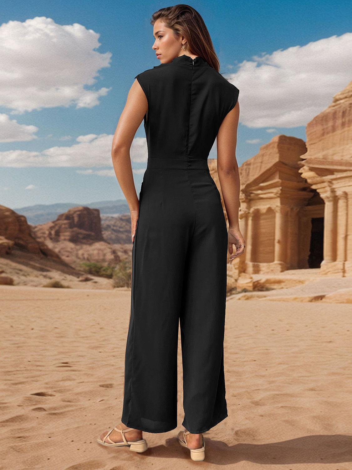 Ruched Mock Neck Sleeveless Jumpsuit Jumpsuits & Rompers JT's Designer Fashion