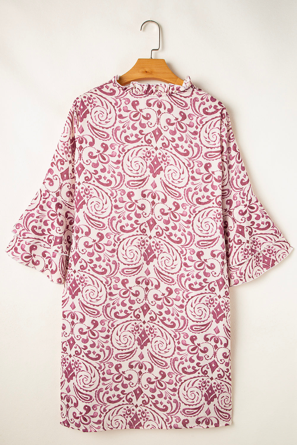 Pink Paisley Print Tiered 3/4 Sleeve Notched Neck Mini Dress Mini Dresses JT's Designer Fashion