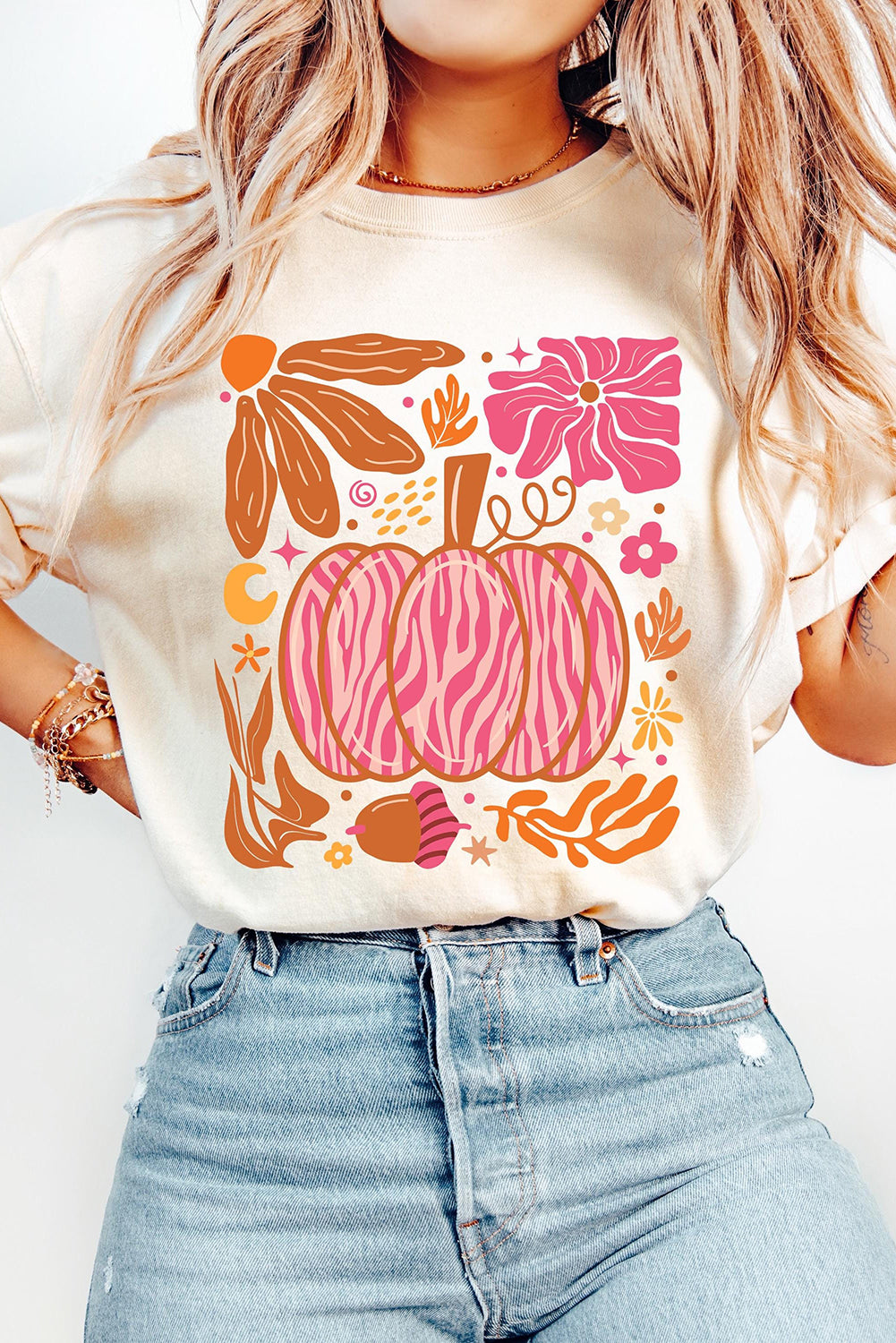 White Floral Pumpkin Printed Crewneck Thanksgiving T Shirt Graphic Tees JT's Designer Fashion