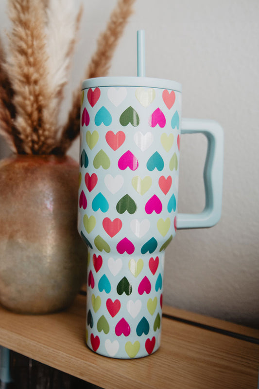 Beau Blue Heart Shape Print Handle Large Vacuum Cup 40oz Tumblers JT's Designer Fashion