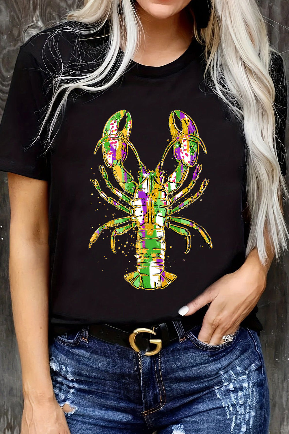 Black Mardi Gras Lobster Heat Transfer Graphic T Shirt Graphic Tees JT's Designer Fashion