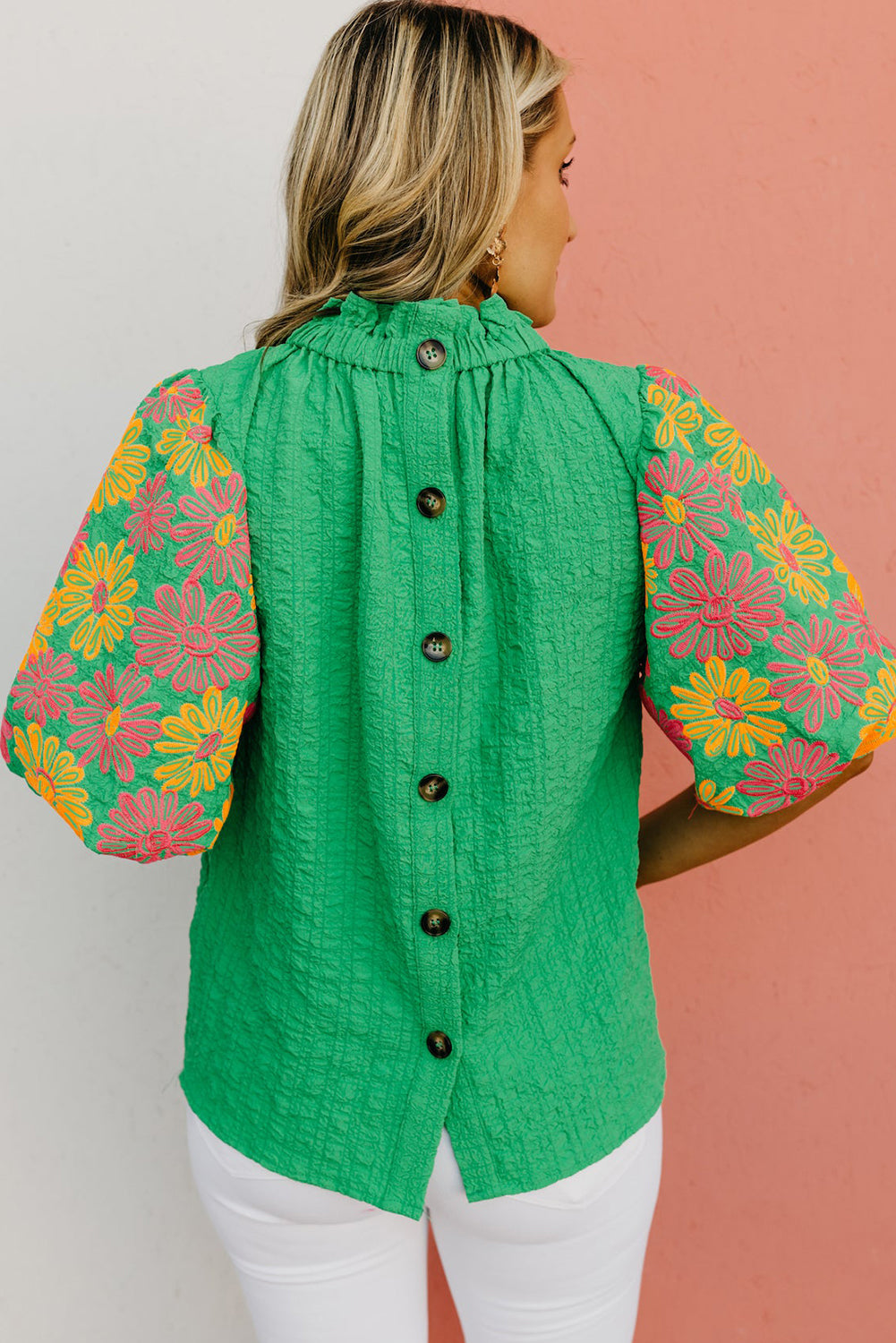 Bright Green Floral Puff Short Sleeve Ruffled Collar Button Back Top Blouses & Shirts JT's Designer Fashion