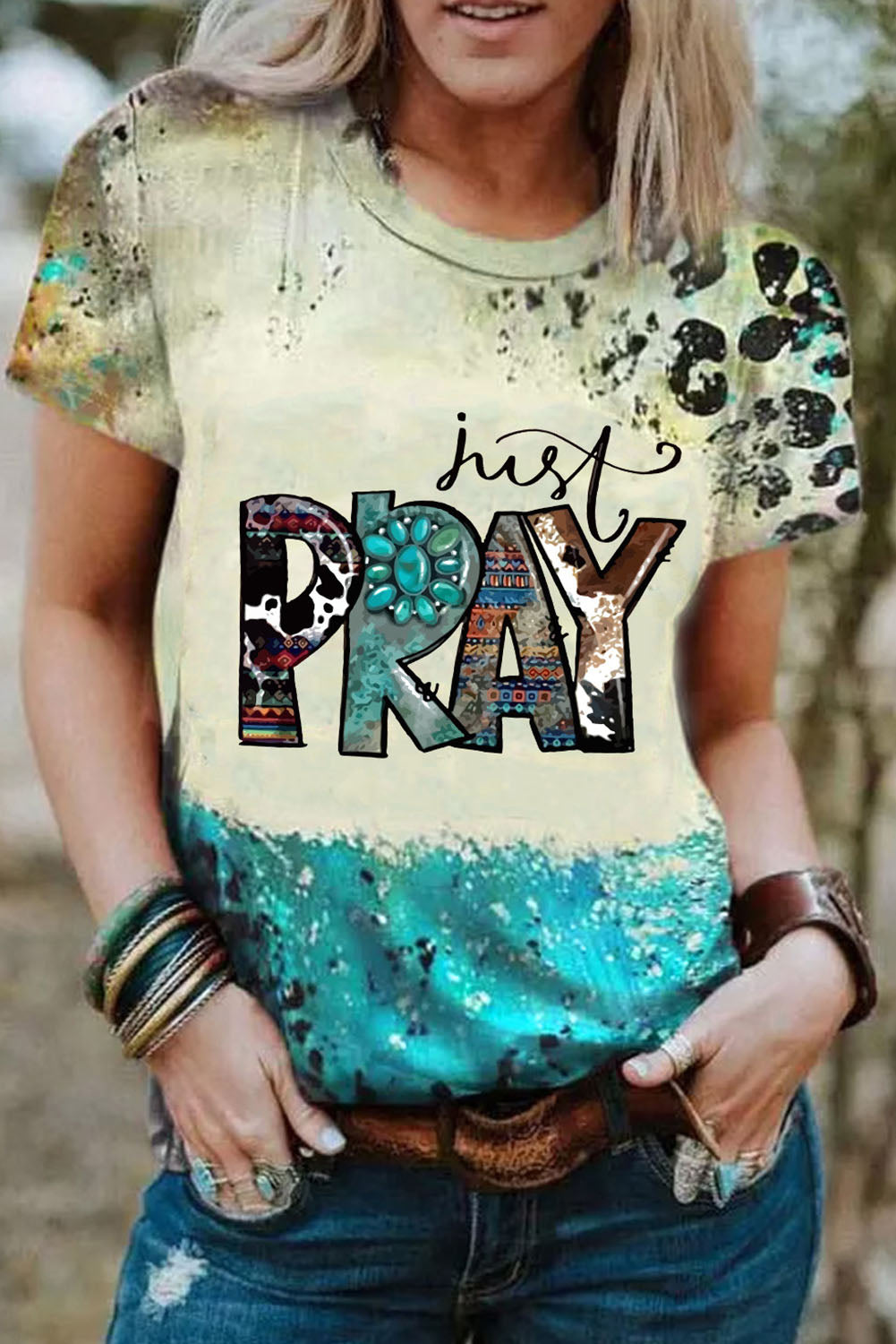 Sky Blue Western Fashion Mix Print just PRAY Graphic T Shirt Sky Blue 95%Polyester+5%Elastane Graphic Tees JT's Designer Fashion