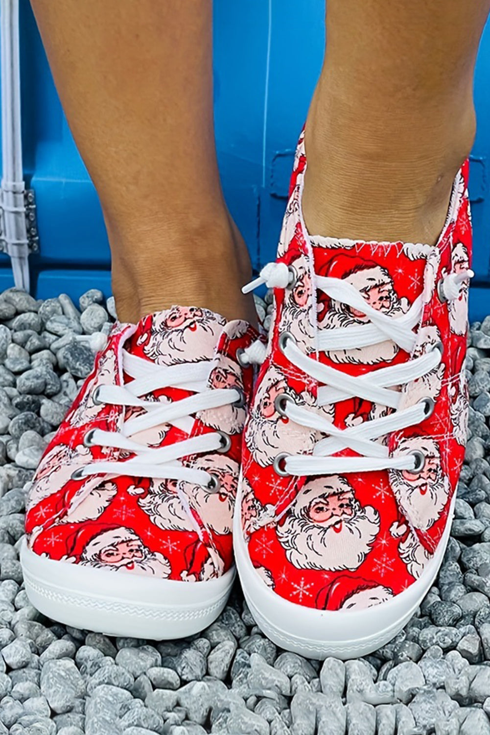 Fiery Red Santa Claus Printed Stitching Detail Flat Shoes Women's Shoes JT's Designer Fashion