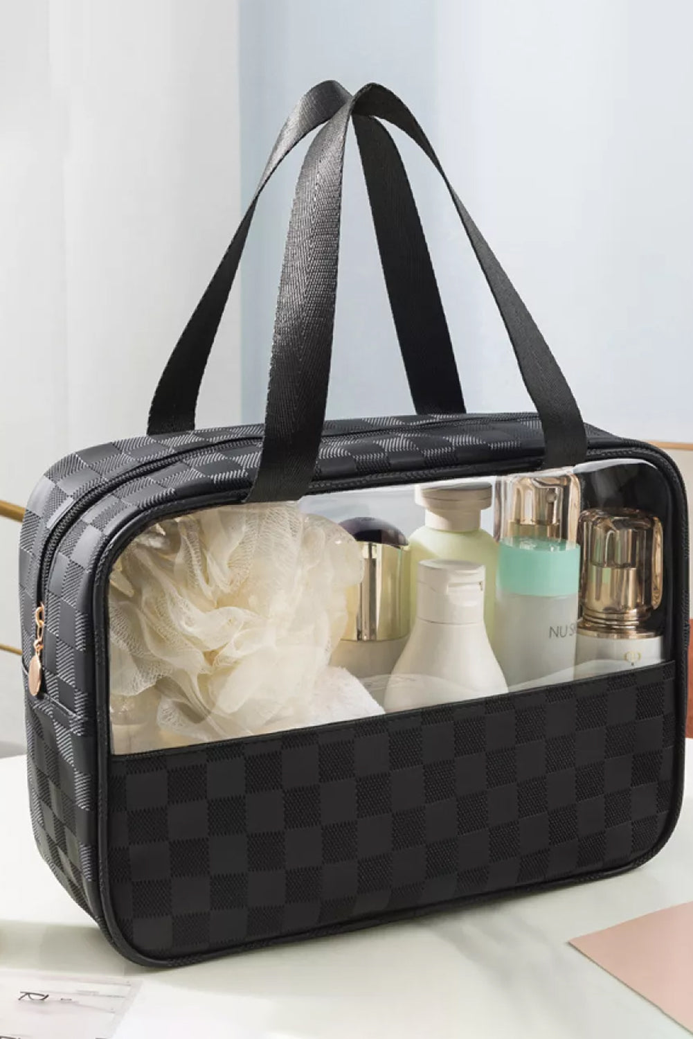 Black Stylish Checkered PVC Clear Cosmetic Bag Other Accessories JT's Designer Fashion